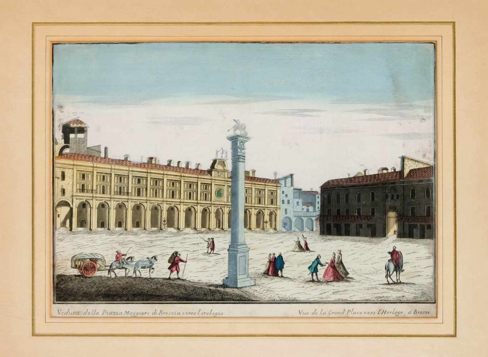 Guckkastenblatt um 1780, Ansicht der Piazza della Loggia in Brescia mit dem berühmten