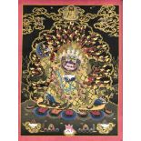 Tibetischer Thangka, 20. Jh., polychrome Pigmente u. Gold auf Leinen, zentrale Darstellung