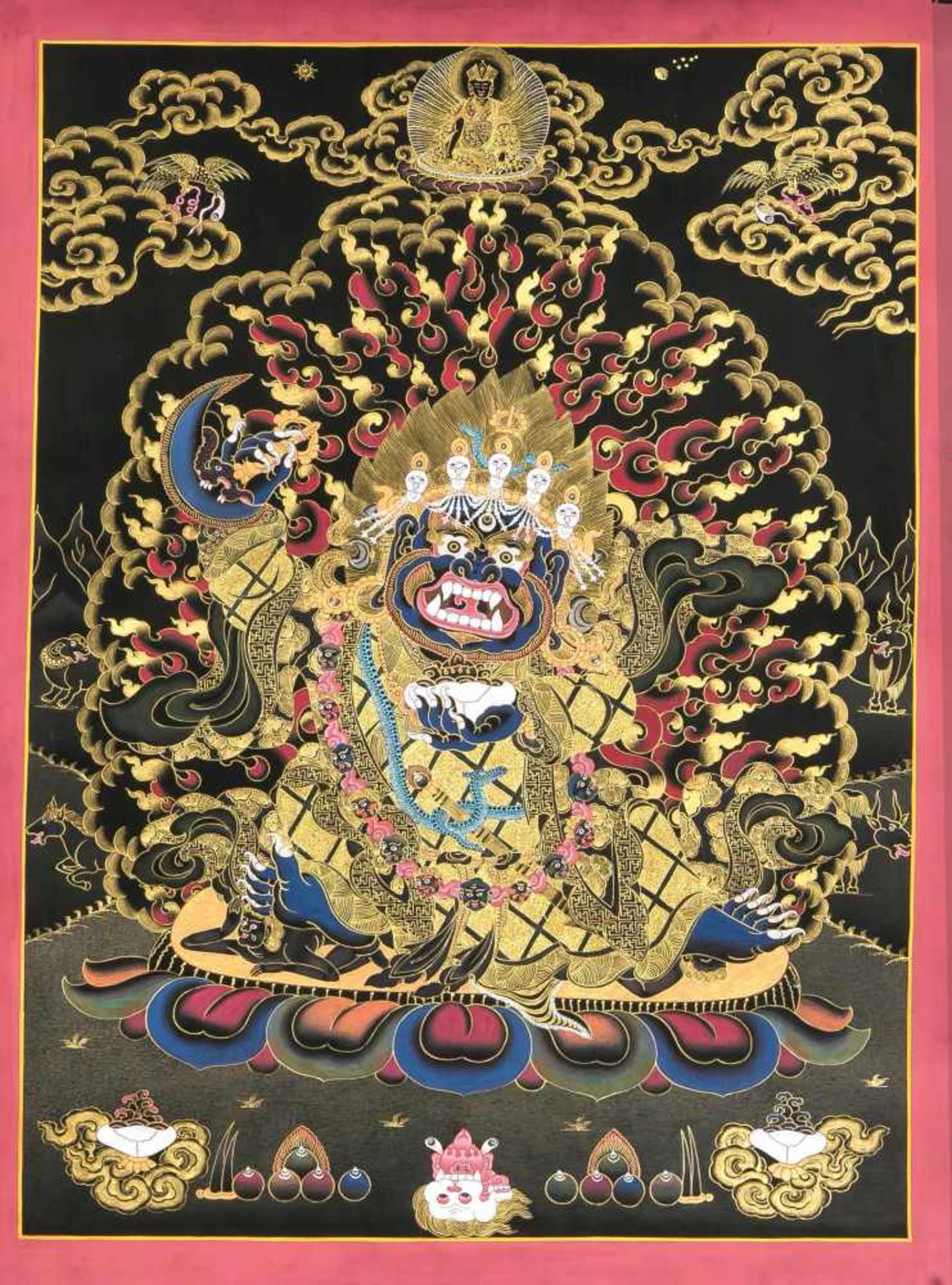 Tibetischer Thangka, 20. Jh., polychrome Pigmente u. Gold auf Leinen, zentrale Darstellung