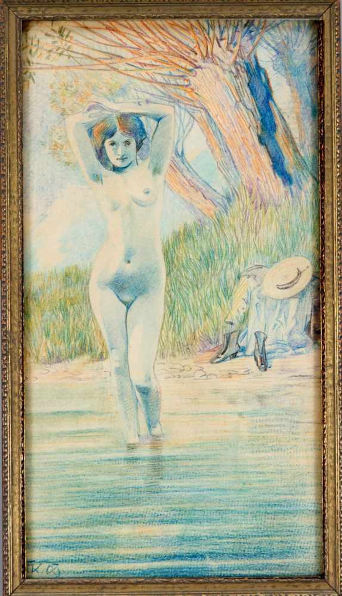 Erotik - Monogrammist "FK", um 1910, nackte junge Frau, die ihre Kleider am Ufer abgelegt