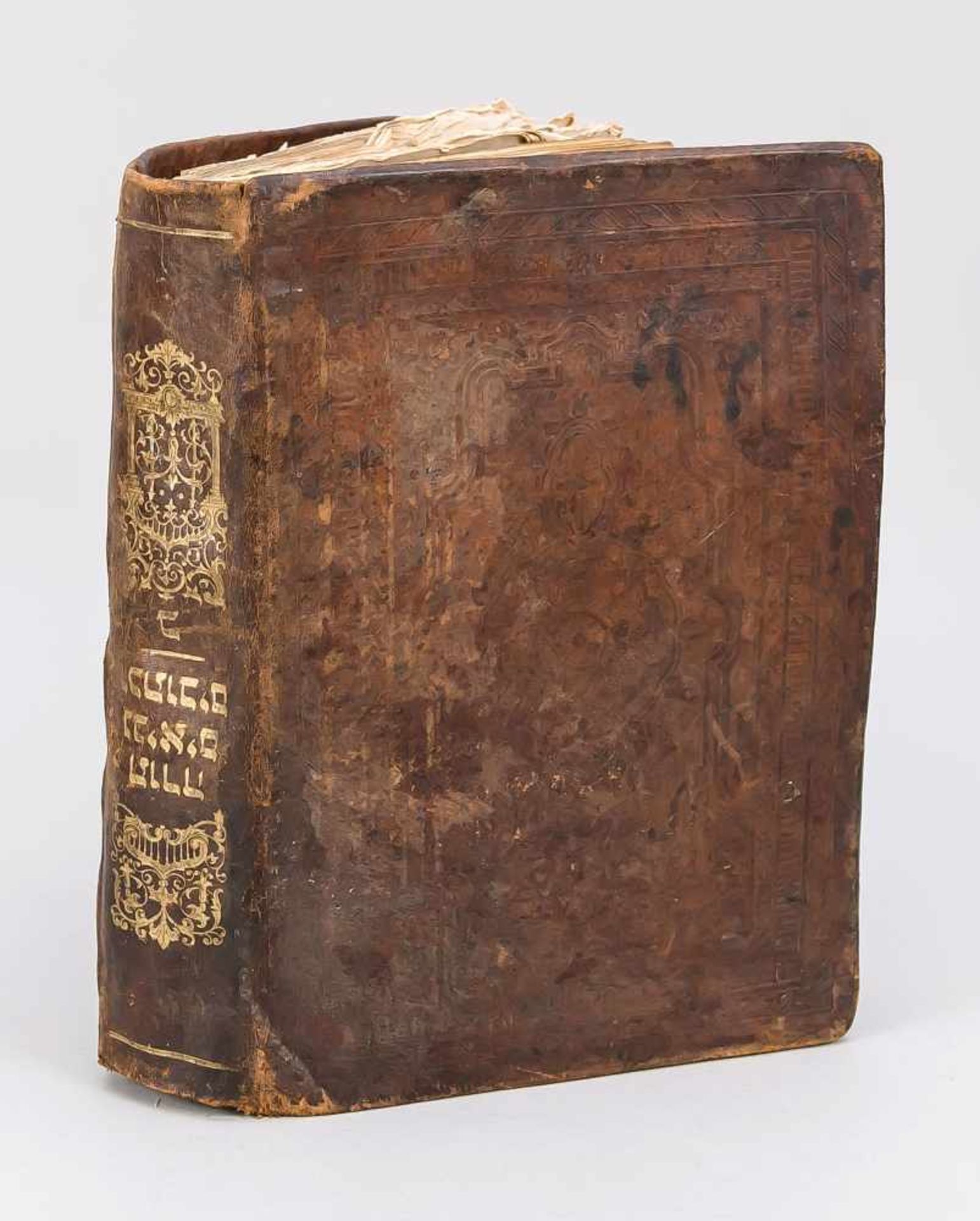 Judaica-Bibel, wohl 18. Jh., im Ledereinband. Starke Gebrauchsspuren, ber. & best., 29 x
