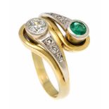 Smaragd-Altschliff-Diamant-Ring GG 585/000 mit einem rund fac. Smaragd 4 mm in guter