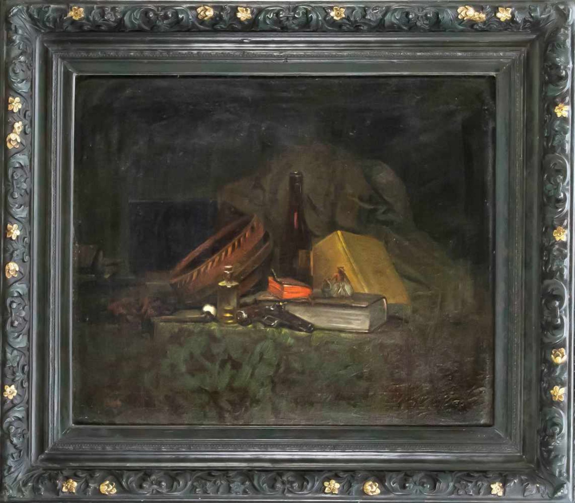 Eugene Antony Renouard (1835-1921), Stillleben mit Büchern, Flaschen und Pistole, Öl auf