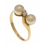 Perlen-Ring GG 750/000 mit 2 goldenen Zuchtperlen 6 mm und einem weißen rund fac.