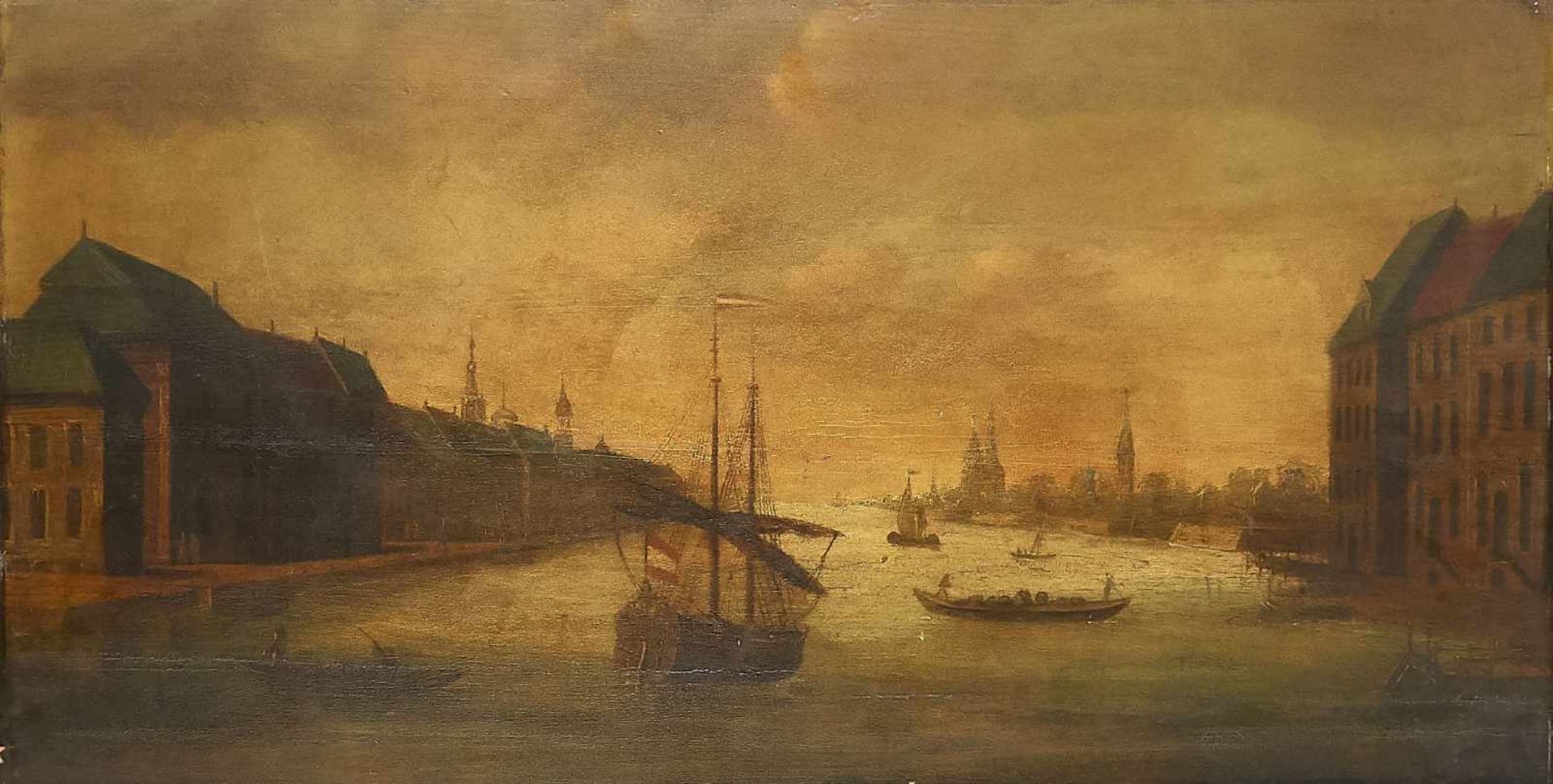 Anonymer Vedutenmaler um 1700, Ansicht einer Stadt von der Flußmitte aus. Zentrales Schiff