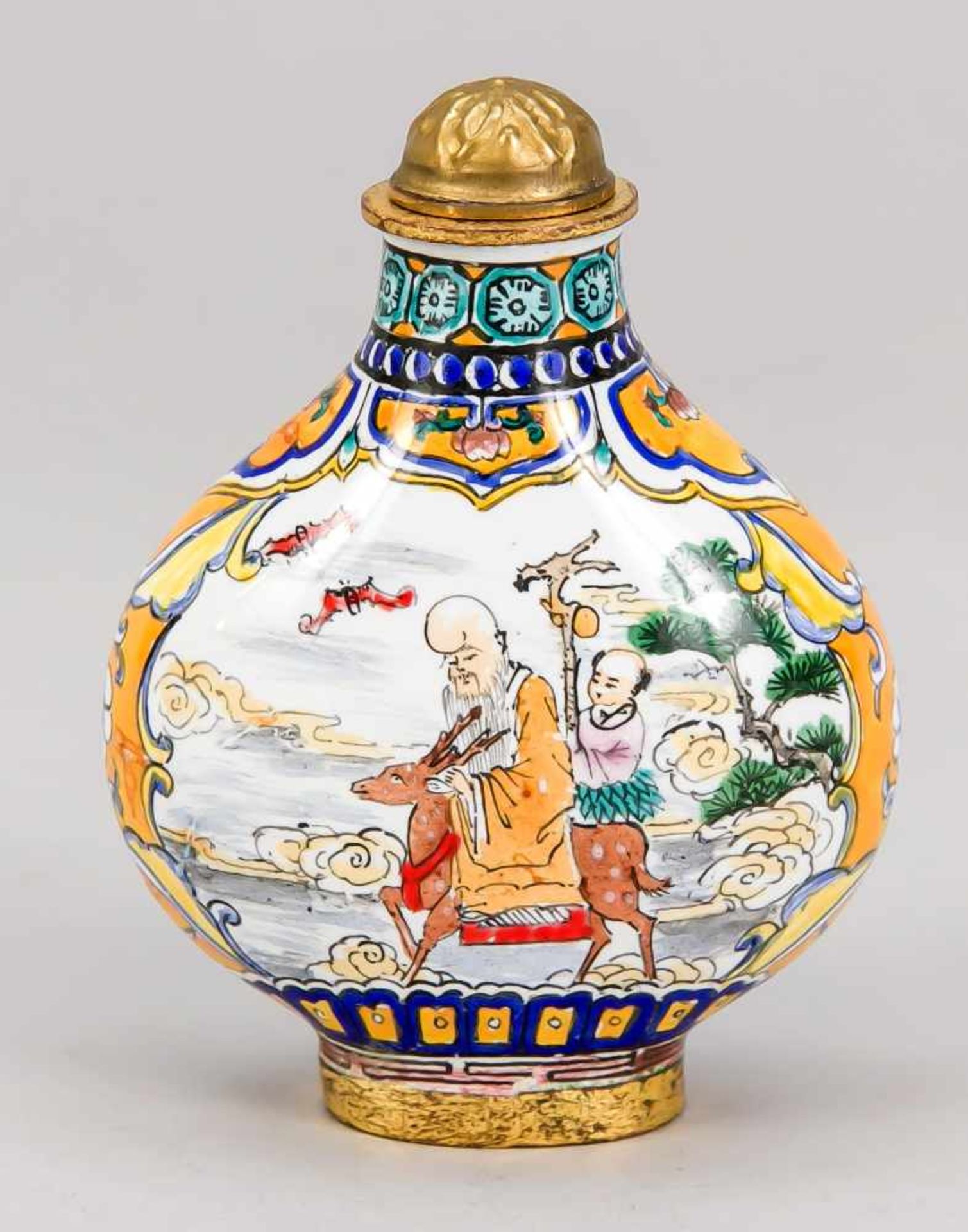 Kanton-Emaille-Snuffbottle, China, 20. Jh., recto unsterblicher auf einem Reh reitend,