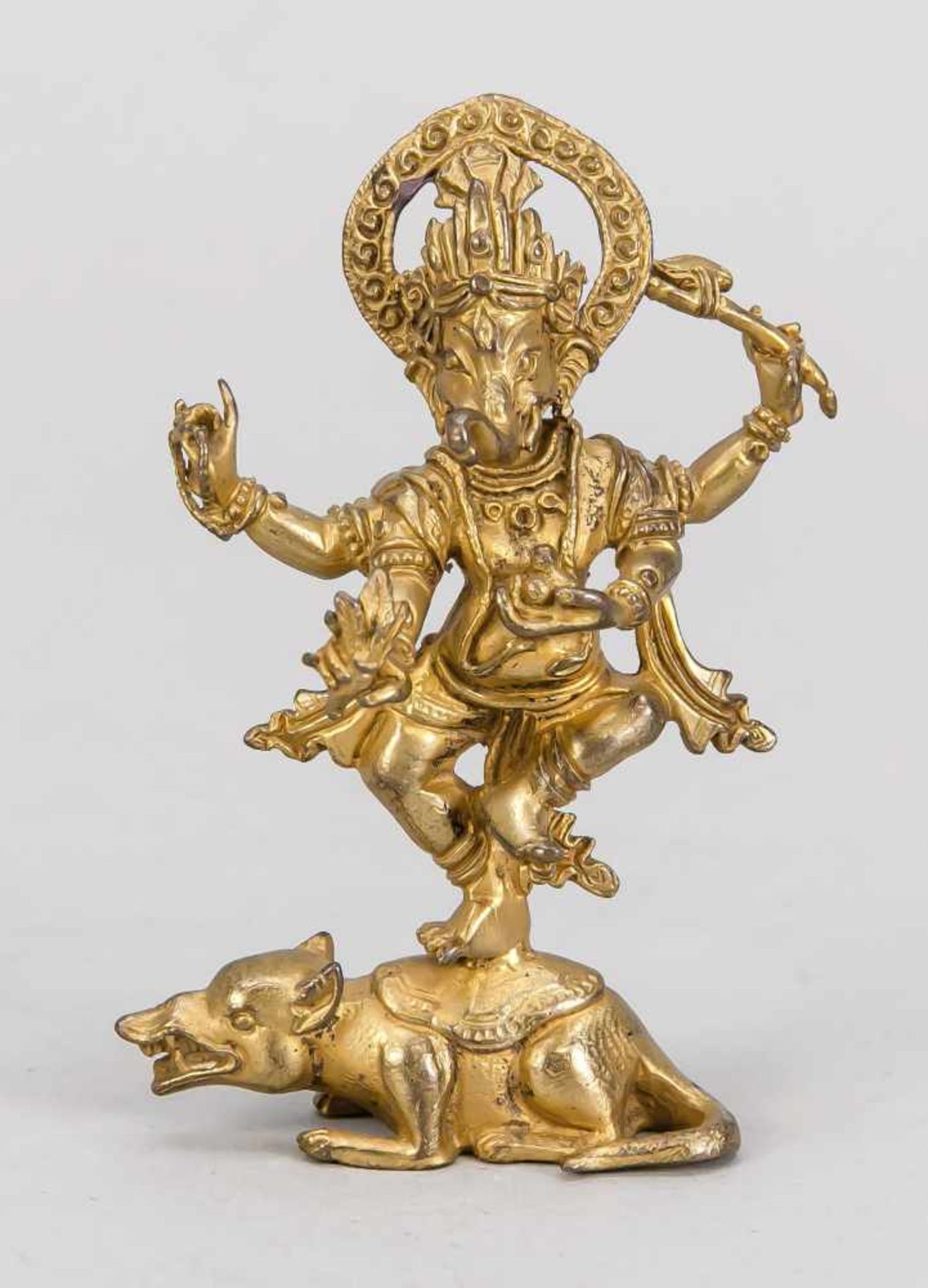 Ganesha auf Ratte, Tibet/Nepal, 19. Jh., Bronze, vergoldet. Vierarmiger Ganesha auf einer