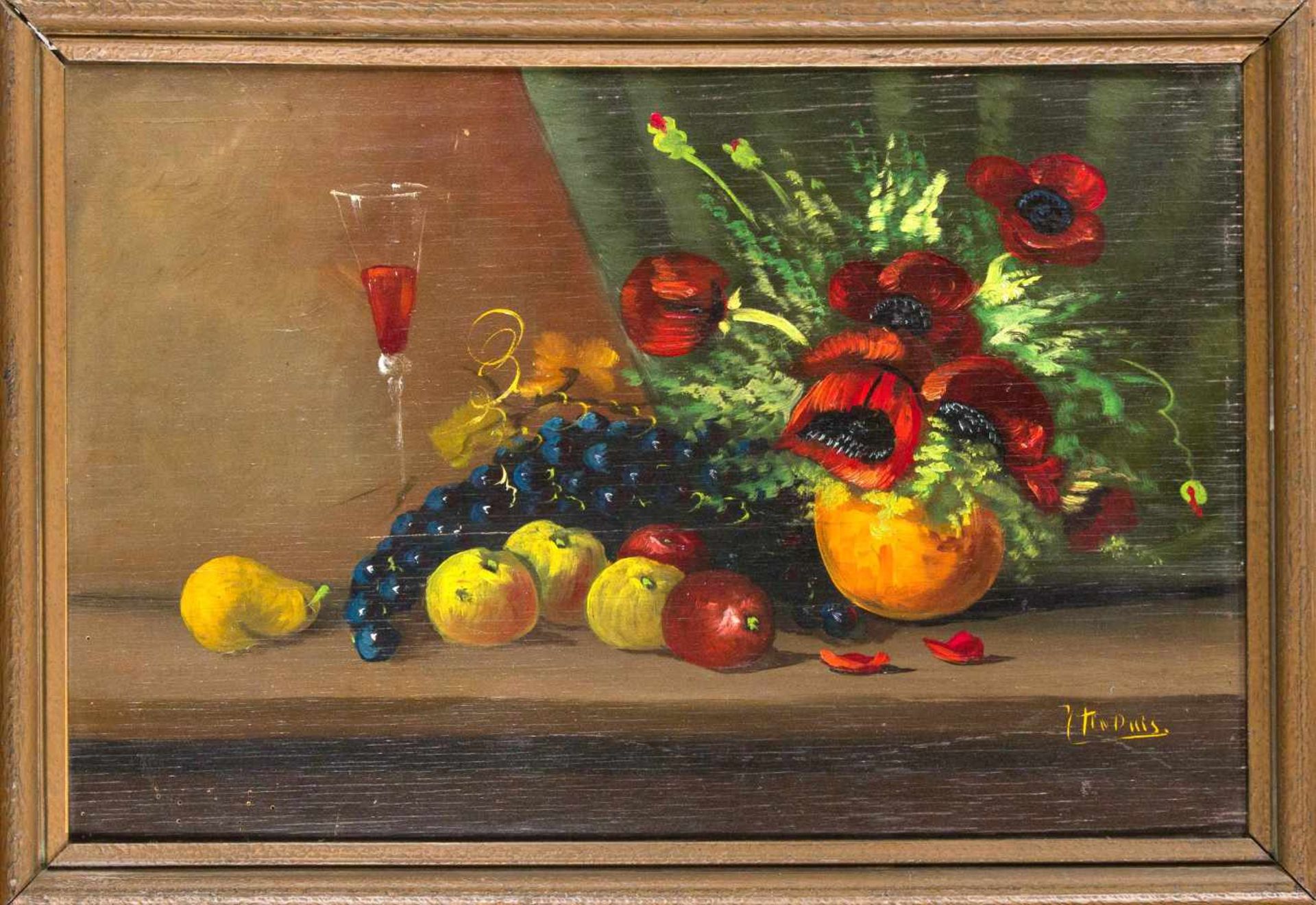 Niederländischer Maler 1. H. 20. Jh., Früchtestillleben mit Mohnblumen, Öl auf Holz. u.