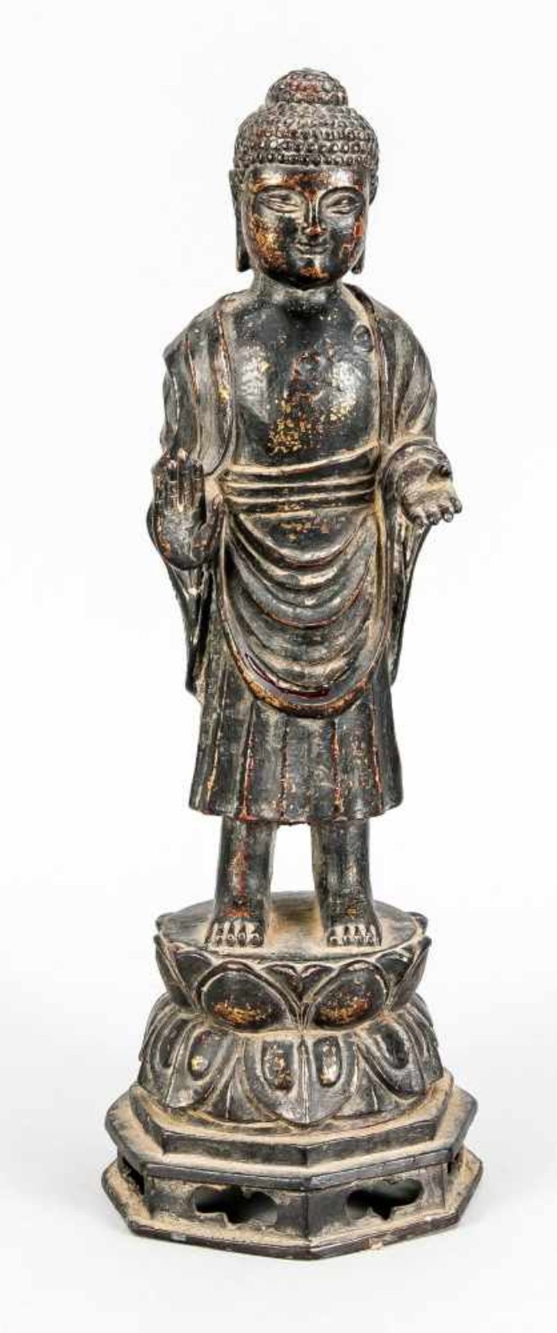 Stehender Buddha, China, 19./20. Jh., Metallguss mit Restvergoldung. Oktogonaler,