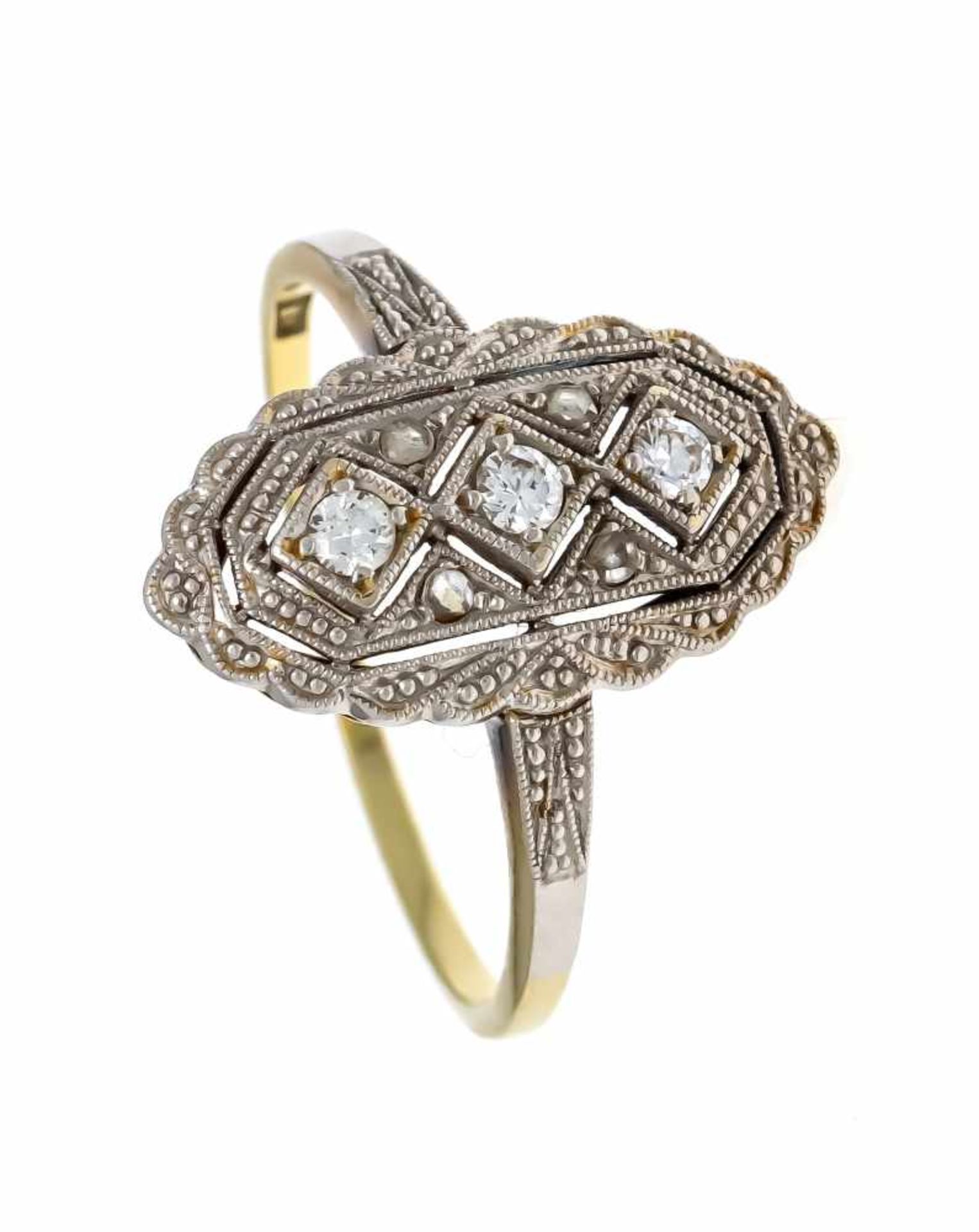 Art Déco Ring GG/WG 585/000 mit 3 Altschliff-Diamanten, zus. 0,10 ct W/SI und