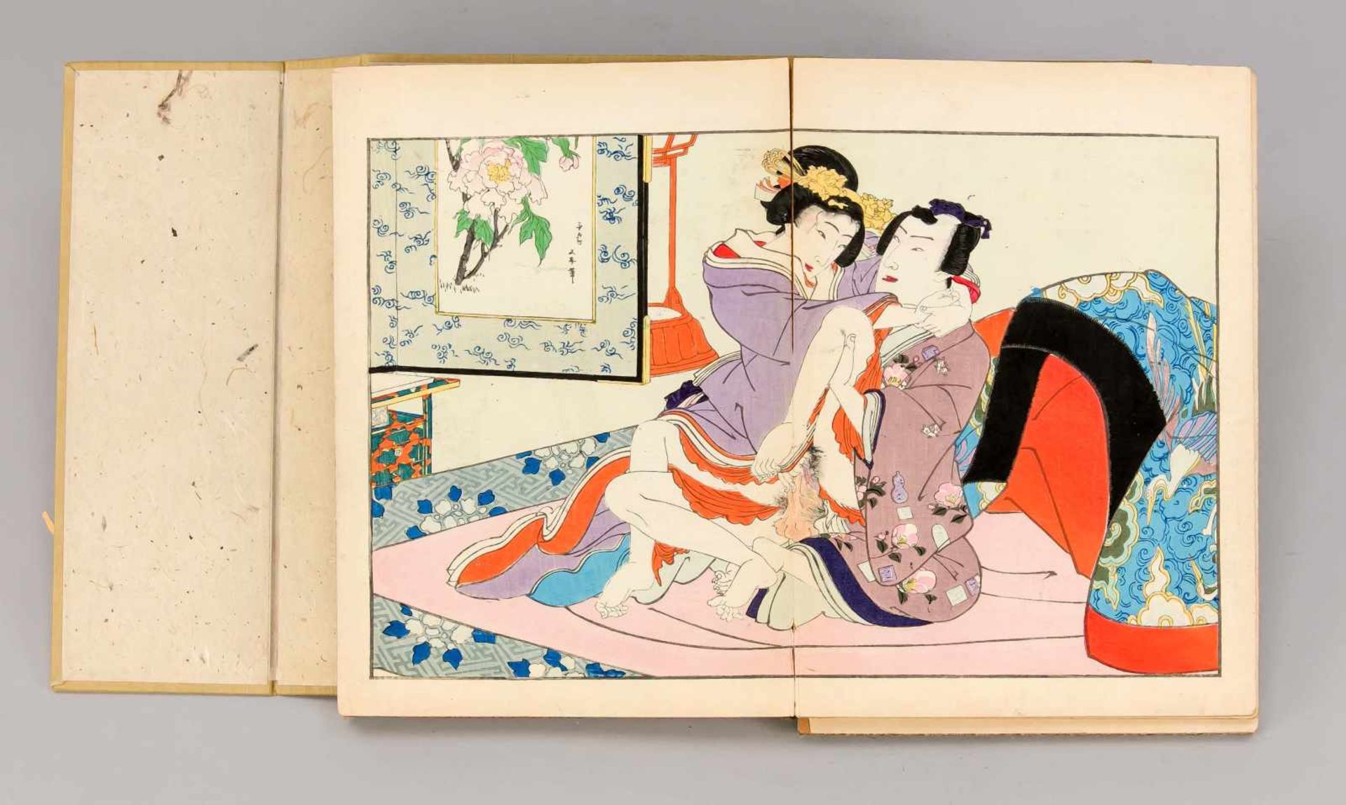 Shunga-Leporello, Japan, 19. Jh. In Brokatumschlag und Pappe gebundenes Leporello mit - Bild 4 aus 4