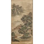 Rollbild, China, 1. H. 20. Jh., Tuschemalerei, dramatische Flusslandschaft mit Felsen und