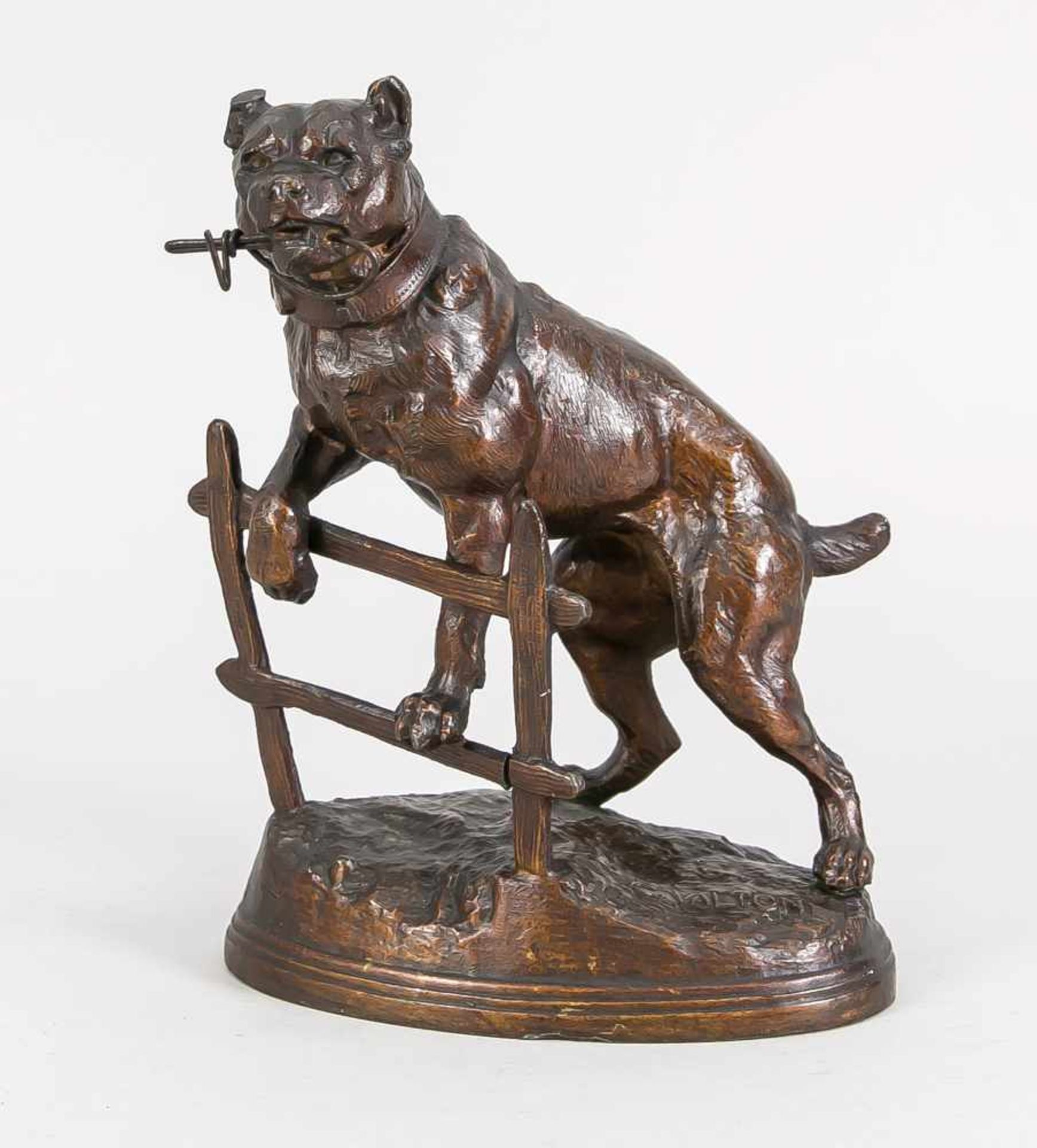 Taschenuhrenständer in Gestalt eines Wachhundes, um 1900, Zinn, bronzefarben patiniert, im