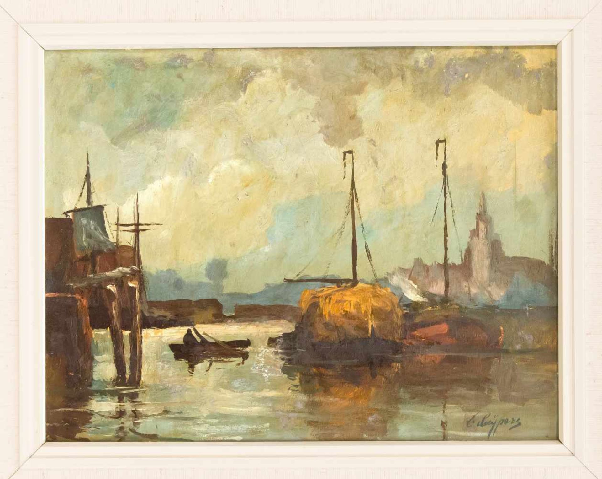 Holländischer Maler 1. H. 20. Jh., Hafenansicht, Öl auf Karton, u. re. undeutlich sign.
