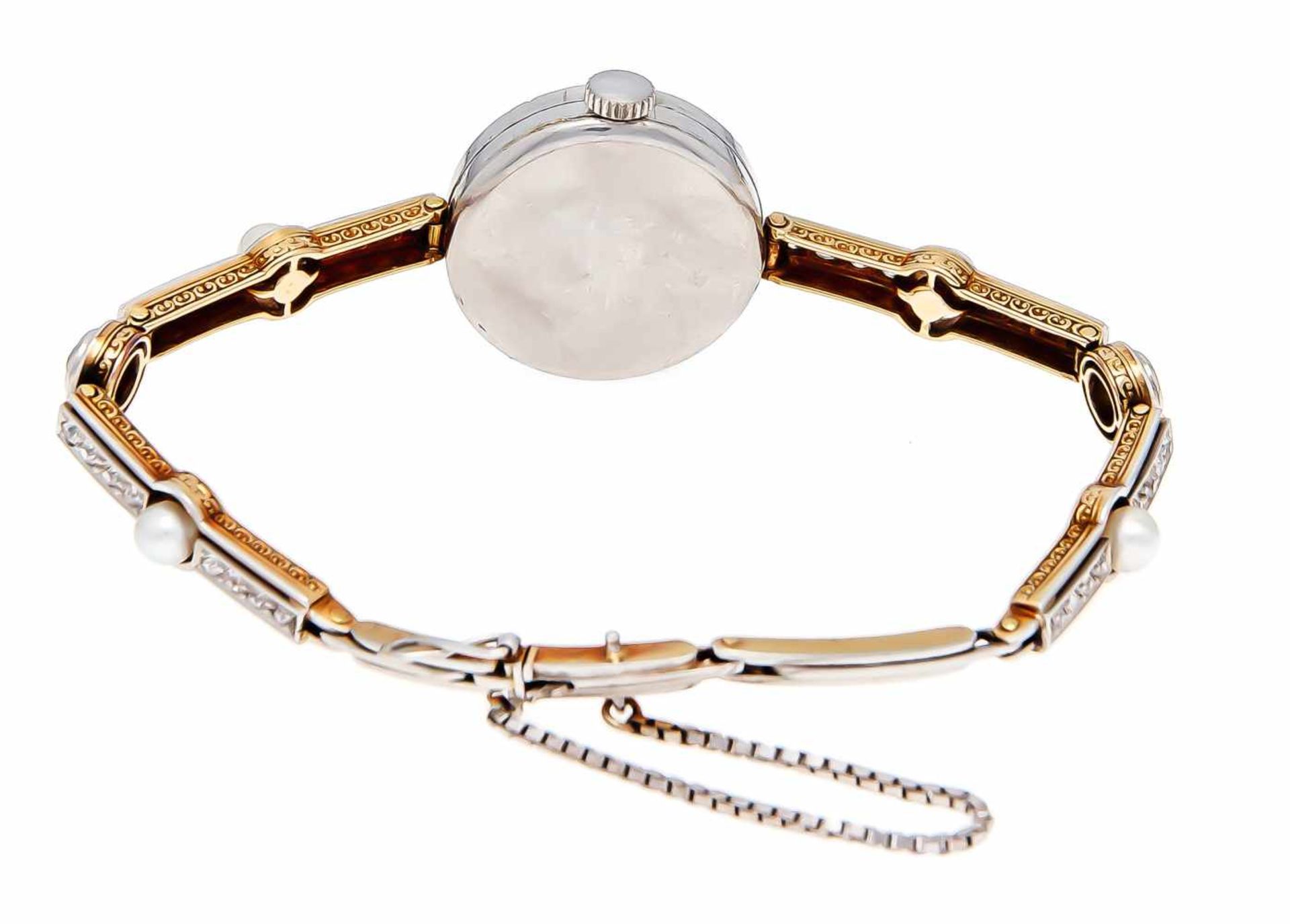Damenuhr GG 585/000- Platin, Gehäuse und Armband mit Altschliff-Diamanten, zus. ca. 1,2 ct - Bild 2 aus 2