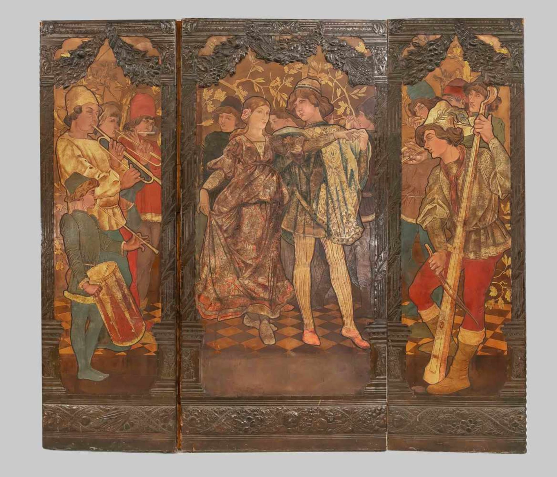 Großer Paravent im Renaissance-Stil, Ende 19. Jh., Leder, geprägt und polychrom staffiert.