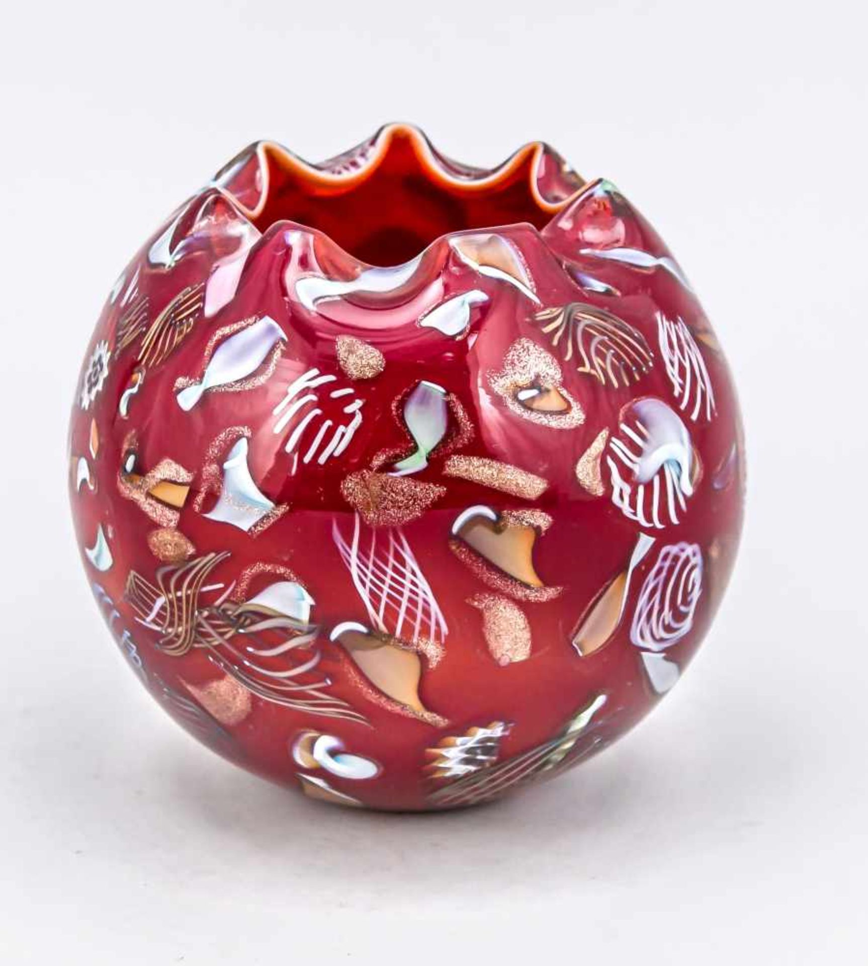 Vase, Italien, 2. H. 20. Jh., Murano, Kugelform, rote Glas mit polychromem Einschmelzungen