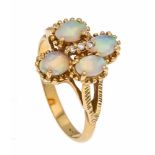Opal-Brillant-Ring GG 585/000 mit 4 ovalen Milchopalen 6 x 4 mm, lebhaftes Farbenspiel und