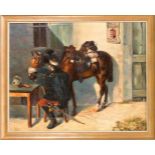Wohl Ungarischer Maler um 1900, Soldat füttert sein Pferd während der Brotzeit vor einem