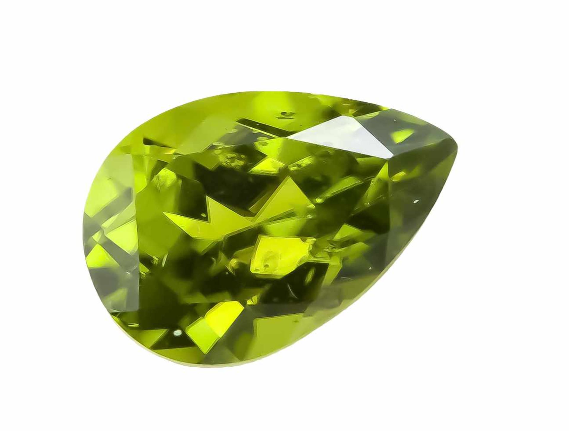 Peridot 13,62 ct, Tropfenschliff, intensives Grün, sehr gute Reinheit, 18,1 x 12,4 x 9,4