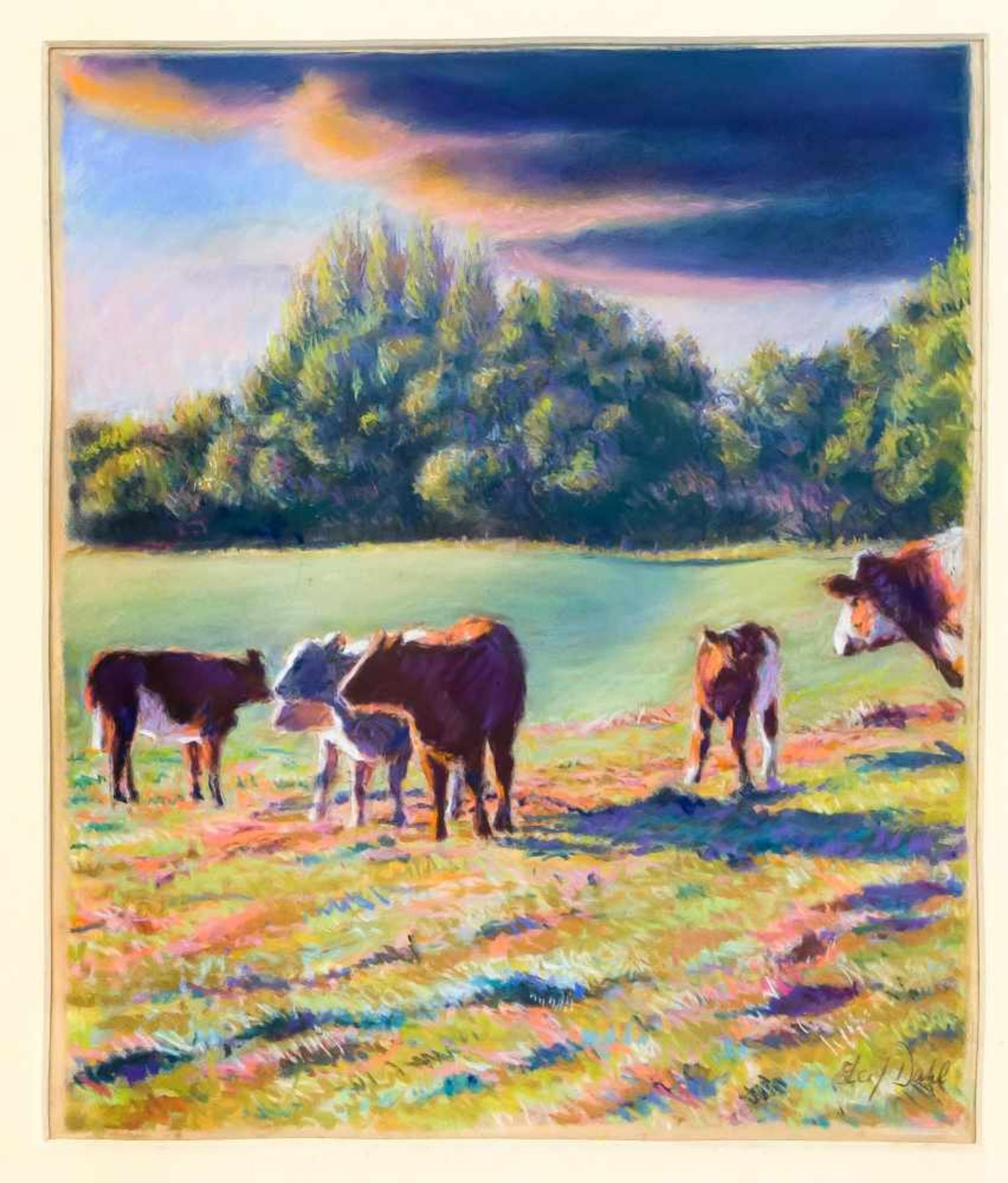 Leif Dahl, dänischer Künstler des 20. Jh., Kühe auf der Weide, Pastellkreide auf Papier,