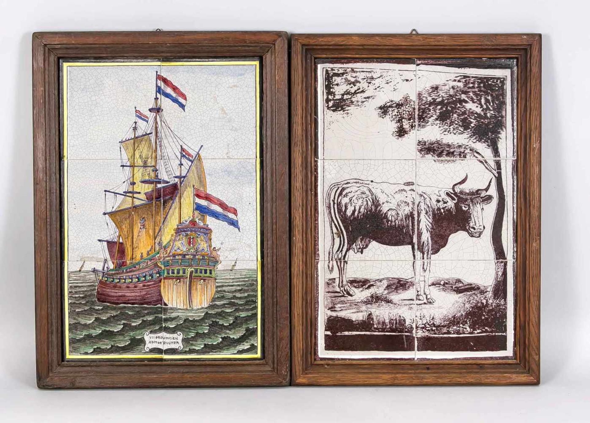 2 Fliesenbilder im alten Stil, Niederlande (Makkum), 20. Jh., 1 x hochformatig, bestehend