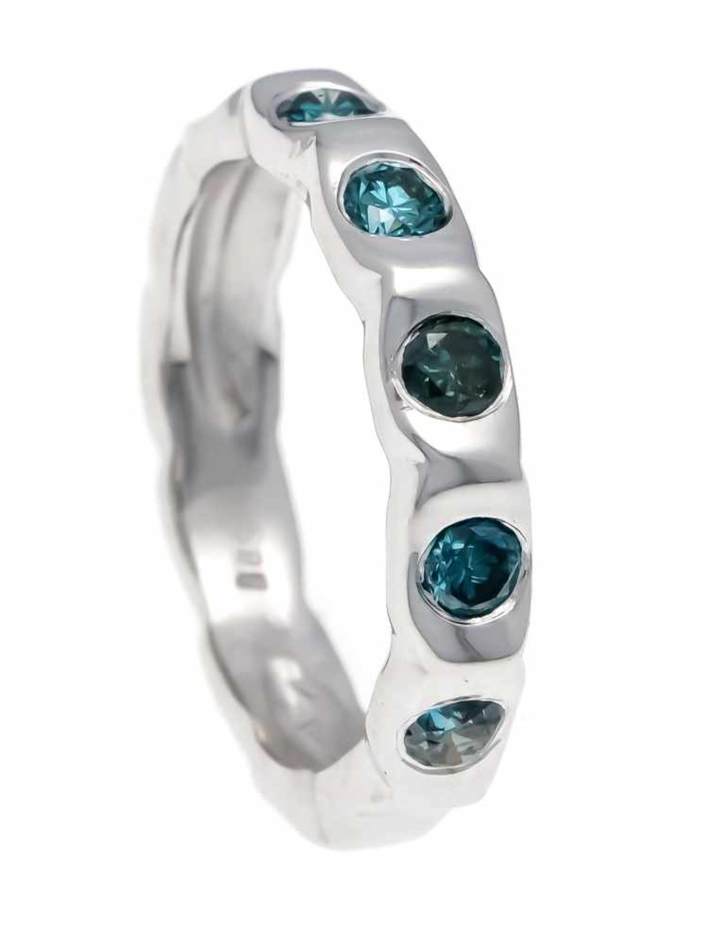 Brillant-Ring WG 585/000 mit 5 Brillanten, zus. 0,90 ct fancy-ocean-Blue/SI-PI, RG 54, 4,5