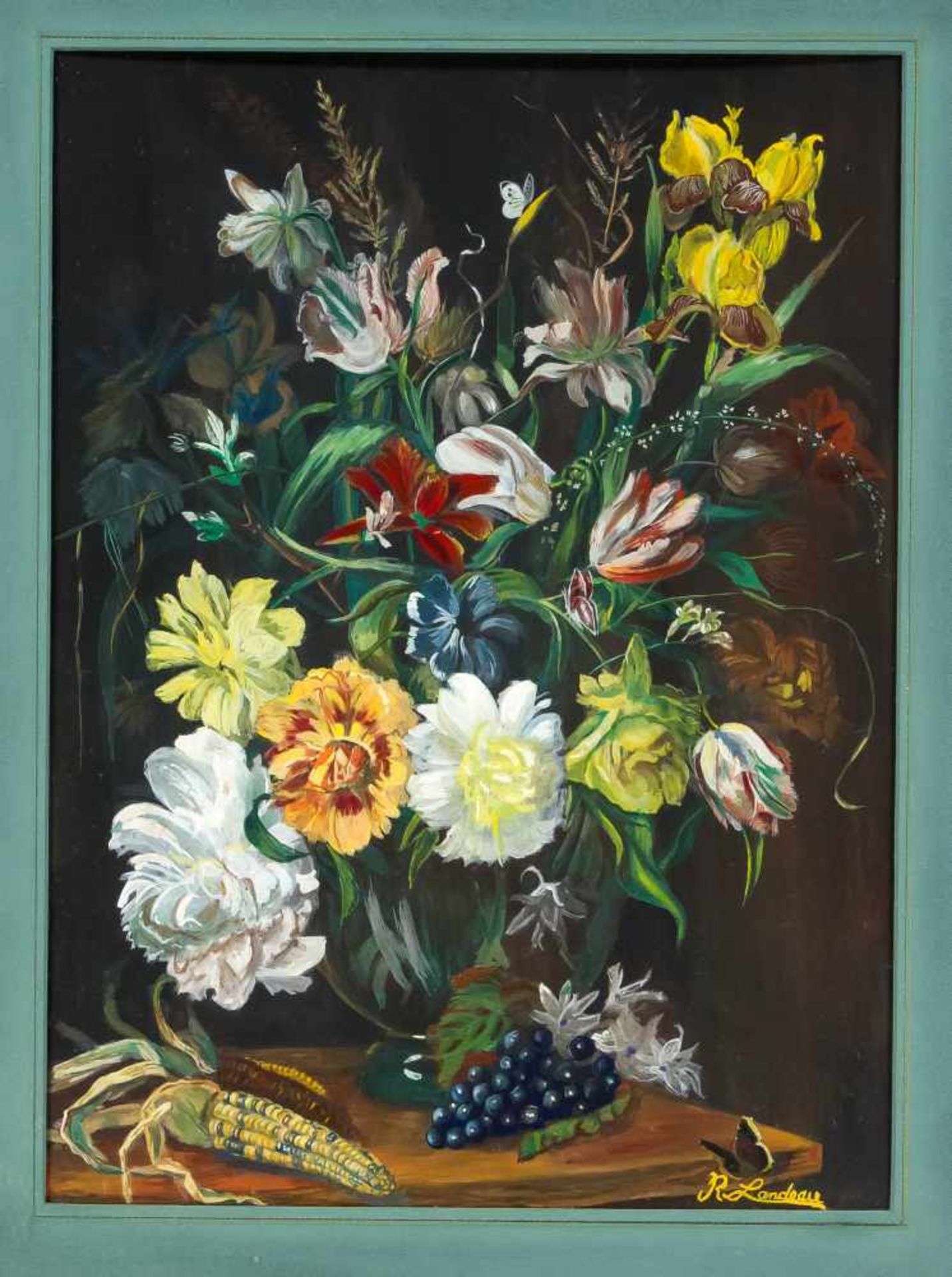 R. Landeau, 20. Jh., Blumenstillleben, Gouache auf Karton, u. re. sign., 47 x 34 cm,