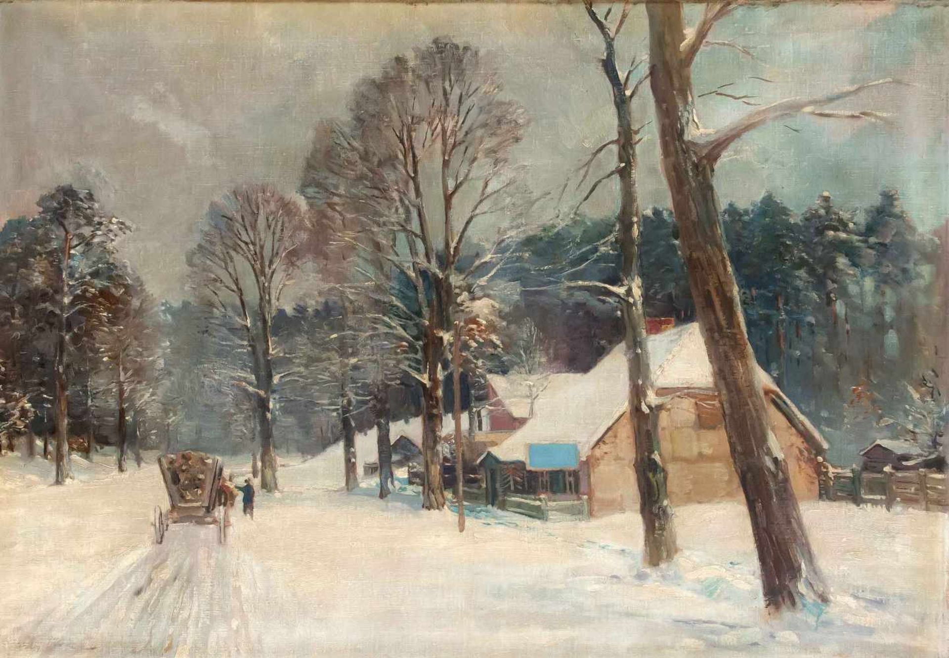 Unidentifizierter Maler um 1900, Siedlung im Winterwald mit Pferdekarren, Öl auf Lwd., u.