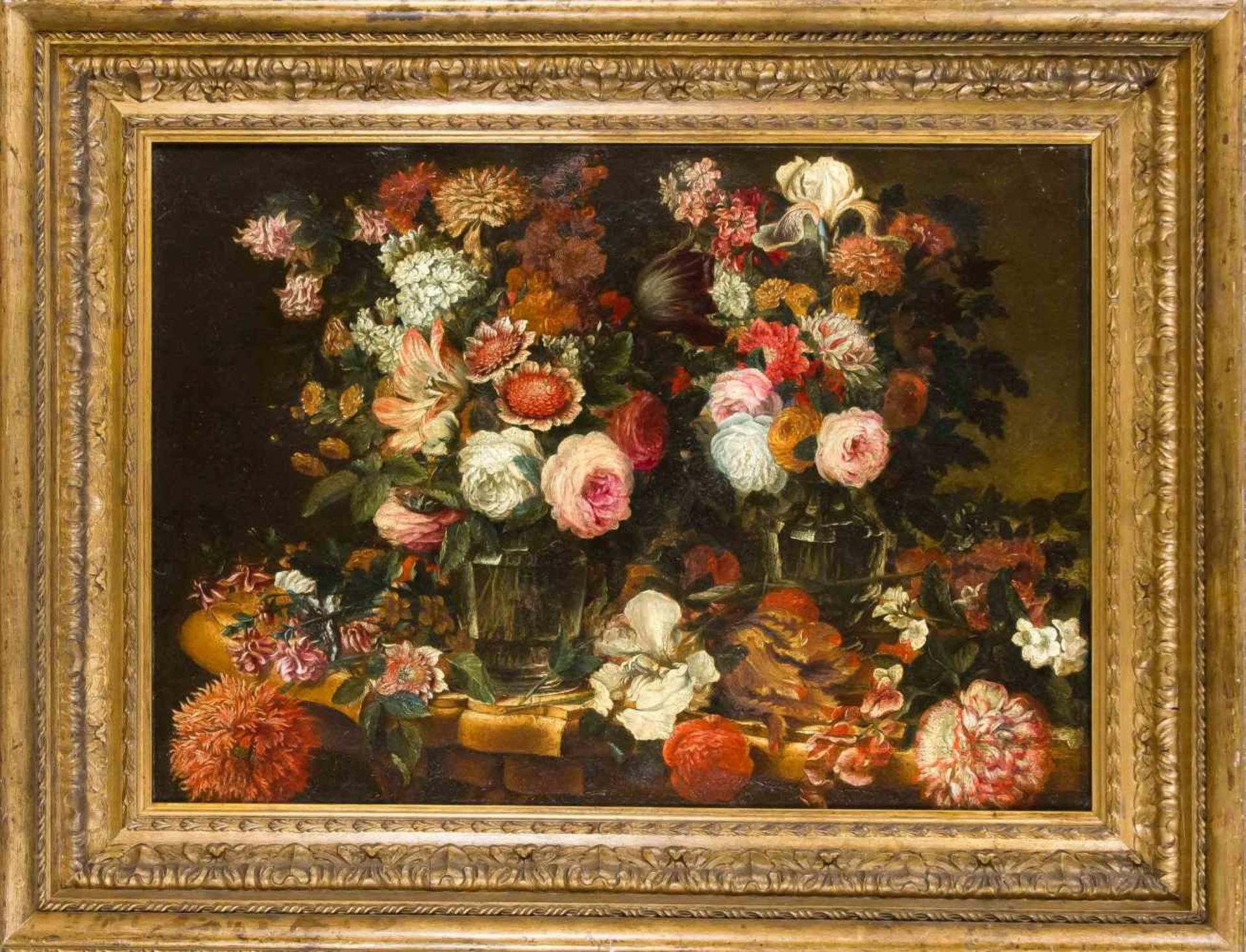 Italienischer Meister des 17./18. Jh., opulentes Blumenstillleben mit zwei Sträußen in