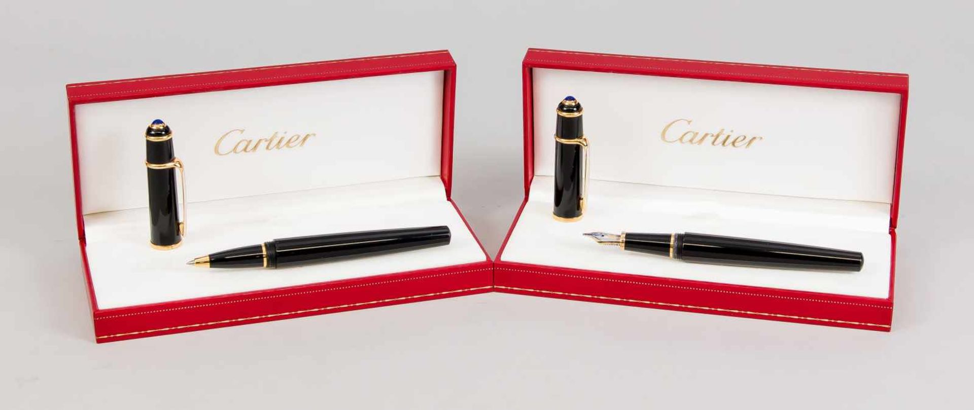 Kugelschreiber & Kolbenfüller von Cartier (Diabolo), 2. H. 20. Jh., in Original-Schatulle