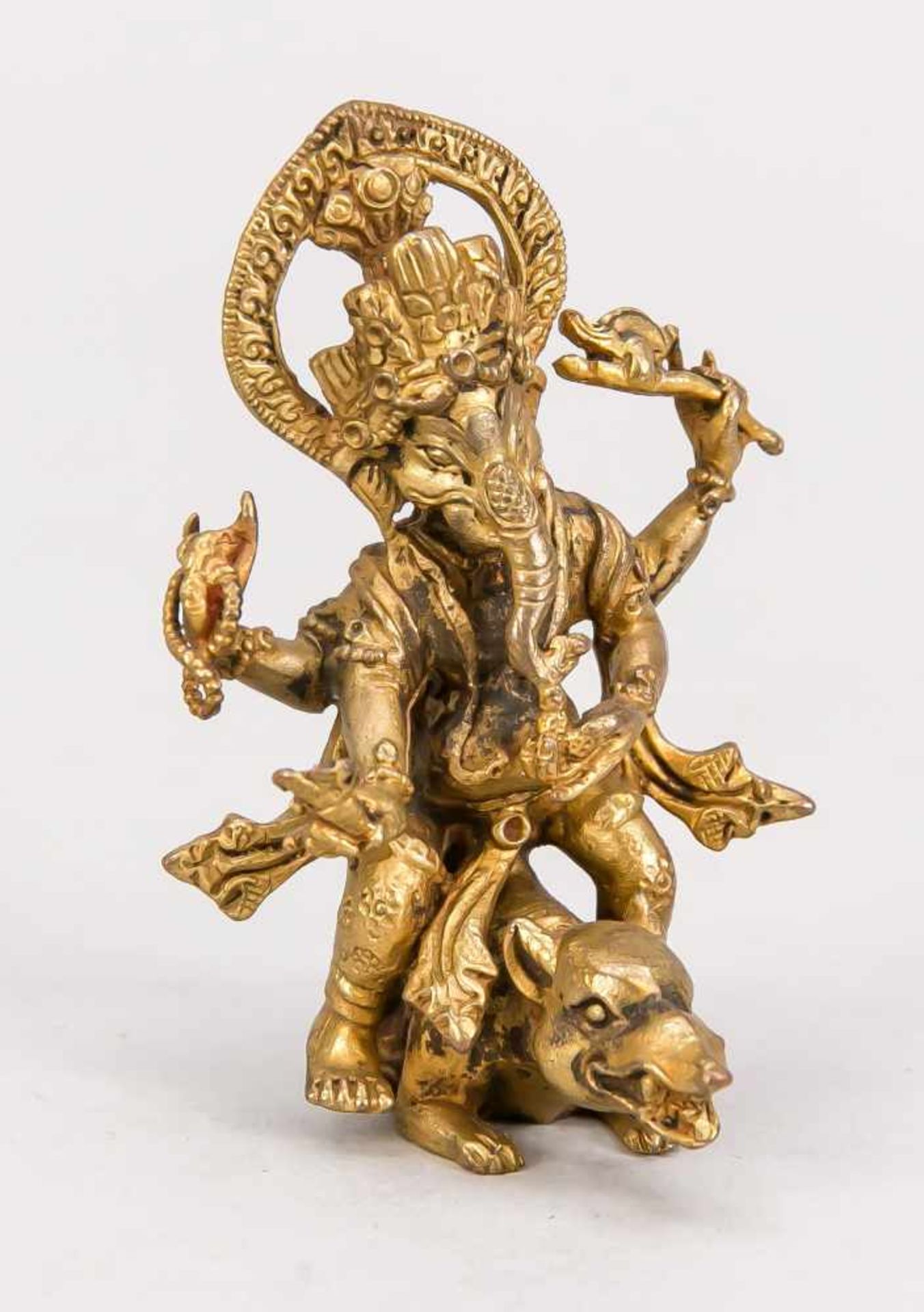 Ganesha auf Ratte reitend, Tibet/Nepal, 19. Jh., Bronze, vergoldet. Vierarmig mit