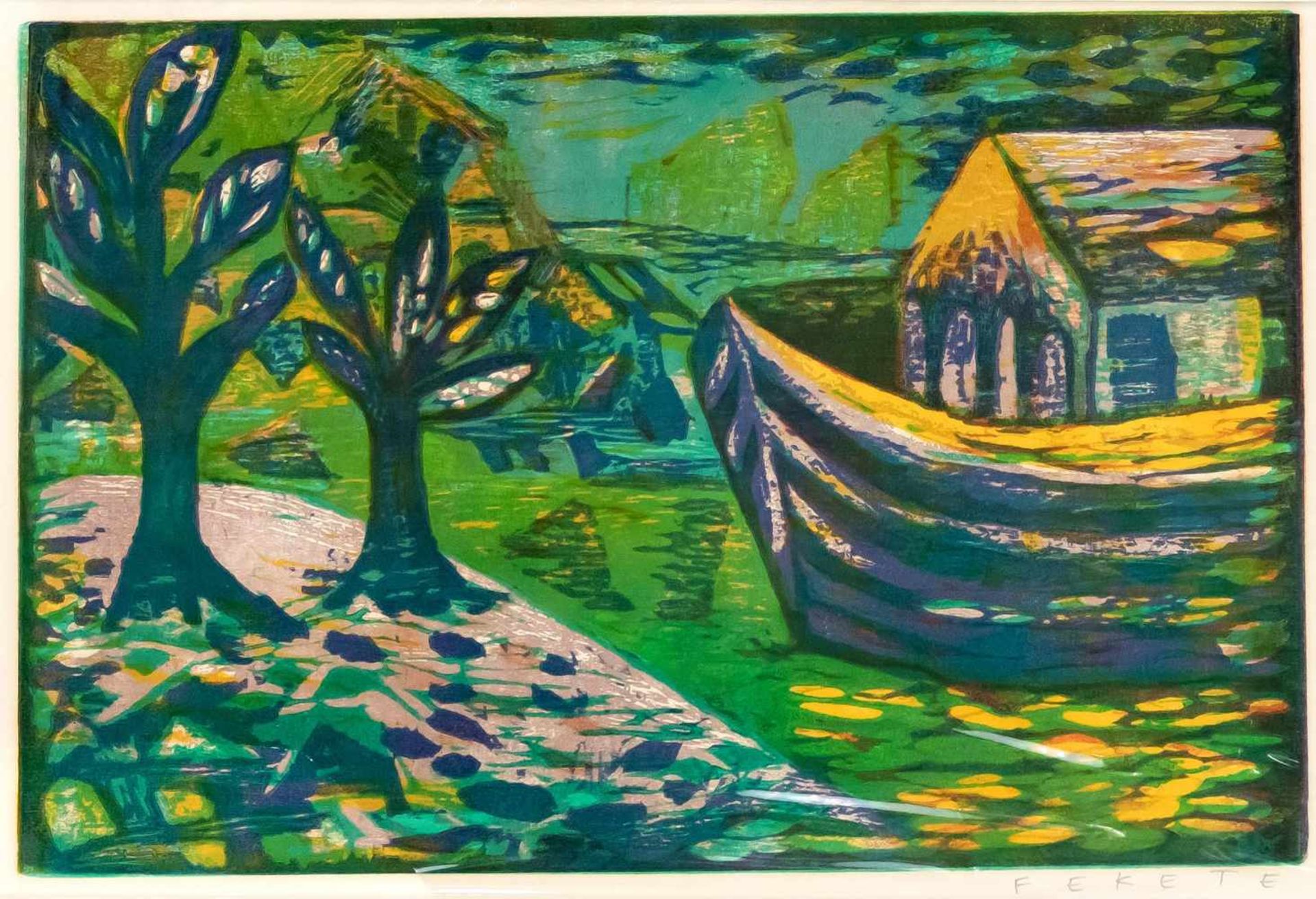 Esteban Fekete (1924-2009), Hausboot am Fluss, Farbholzschnitt auf Papier, u. re.