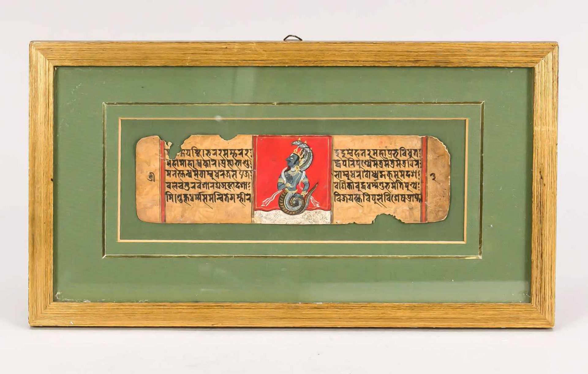Blatt aus einer heiligen Schrift, Indien, 18./19. Jh. In der Mitte eine kleine