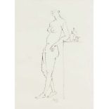 Gustav Seitz (1906-1969), stehender weiblicher Akt an einem Tisch mit Flaschen lehnend.