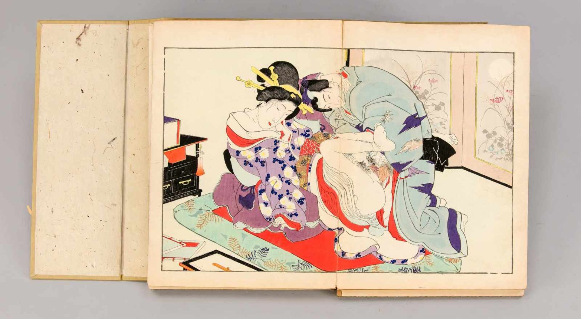 Shunga-Leporello, Japan, 19. Jh. In Brokatumschlag und Pappe gebundenes Leporello mit - Bild 3 aus 4