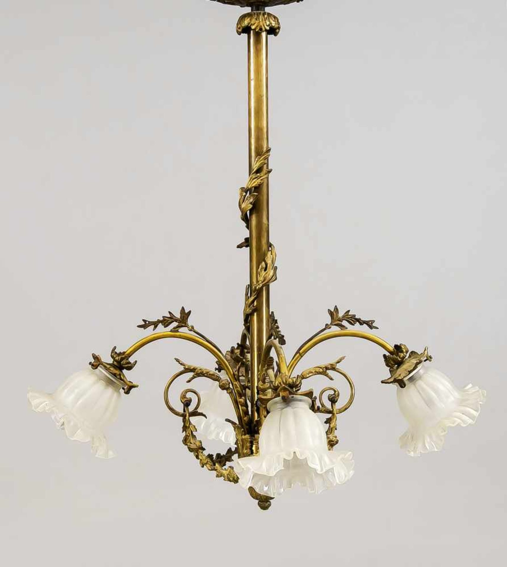 Historismus Deckenlampe, Ende 19. Jh., Bronze, Messing, mit Restvergoldung. Glatter Schaft