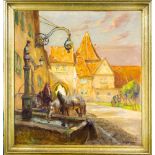 Rudolf Poeschmann (1878-1954), Dresdener Maler, trinkende Pferde auf einem Marktplatz