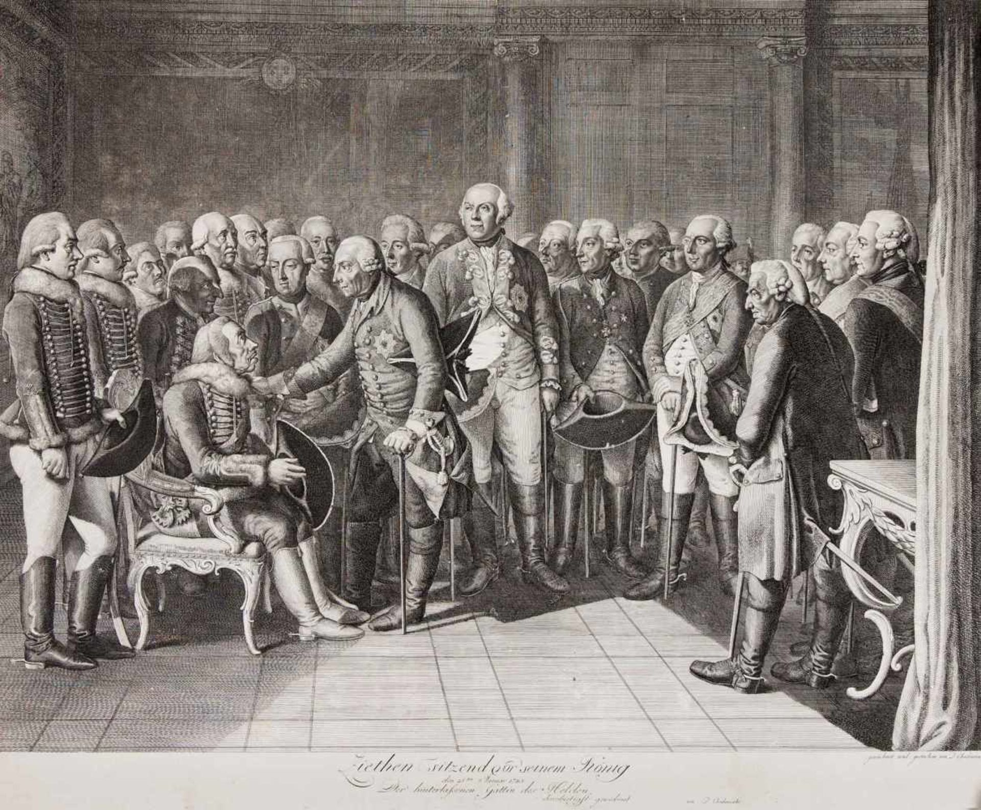 Daniel Nikolaus Chodowiecki (1726-1801), "Ziehten sitzend vor seinem König", Kupferstich