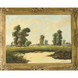 Landschaftsmaler des 20. Jh., sommerliche Landschaft mit weidenden Kühen, Öl/Lwd., u. re.