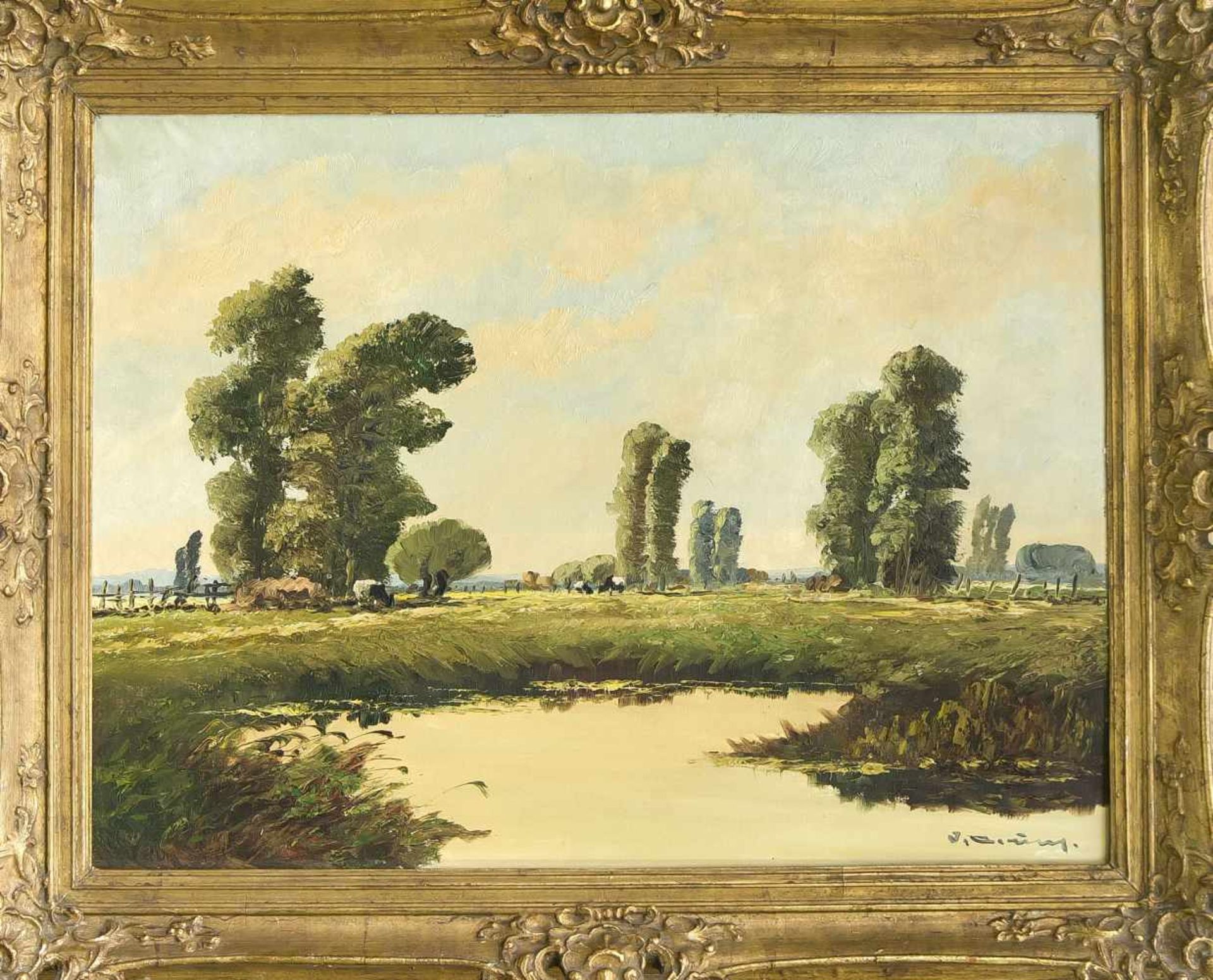 Landschaftsmaler des 20. Jh., sommerliche Landschaft mit weidenden Kühen, Öl/Lwd., u. re.