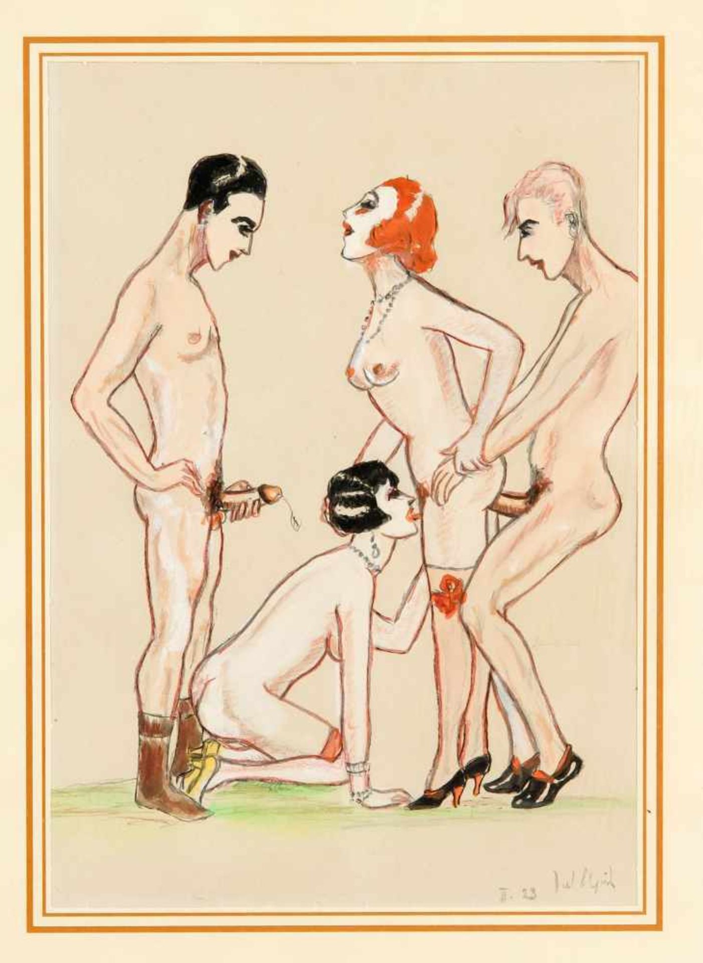 Erotik -- Konvolut von drei Kreidezeichnungen der 1920er Jahre mit pornografischen Szenen, - Bild 2 aus 7