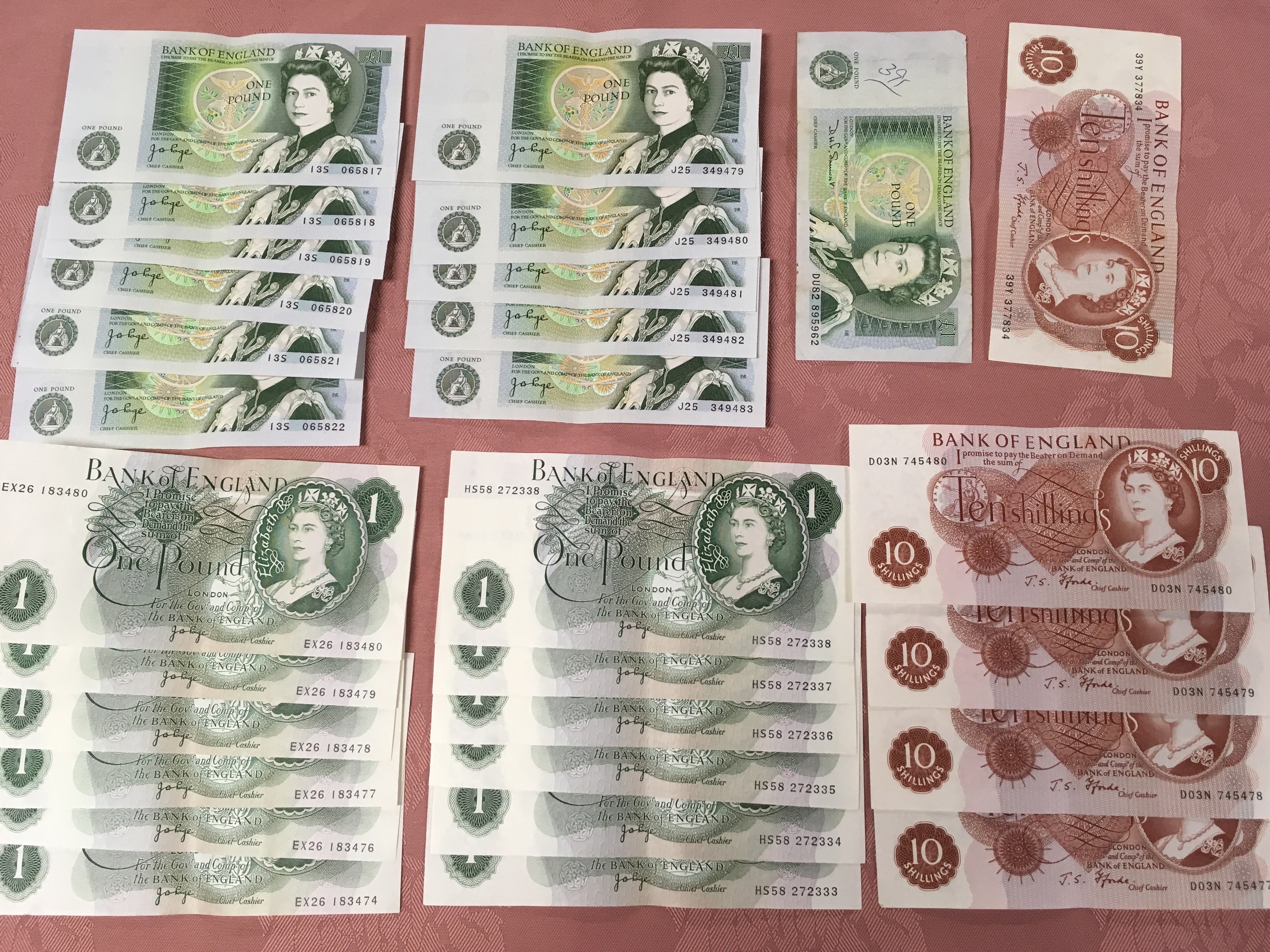 GB BANKNOTES: J.B. PAGE £1 (12), FFORDE 10/- (5), LATER £1 (12), SOME CONSECUTIVE NUMBERS (29)