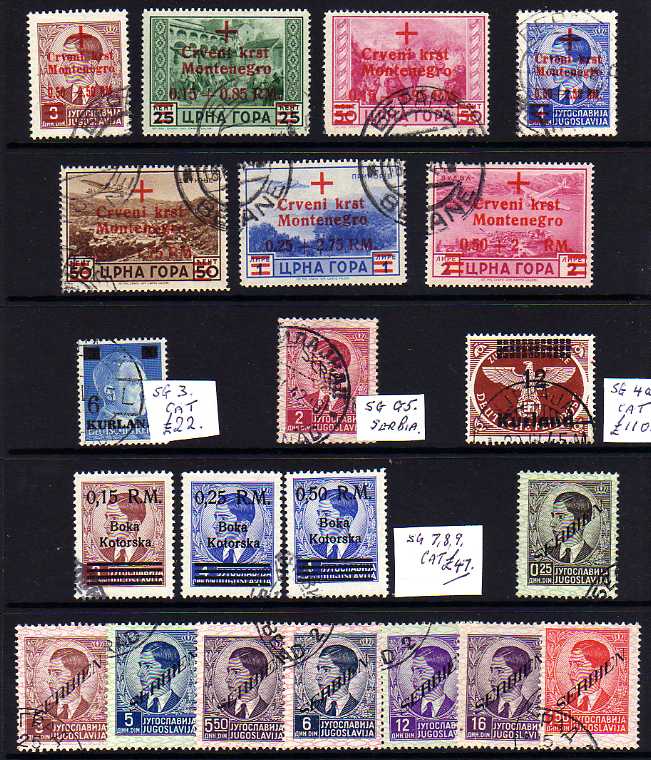 GERMAN OCCUPATION OF YUGOSLAVIA: SMALL USED SELECTION INCLUDING MONTENEGRO 1944 RED CROSS SET ETC. C