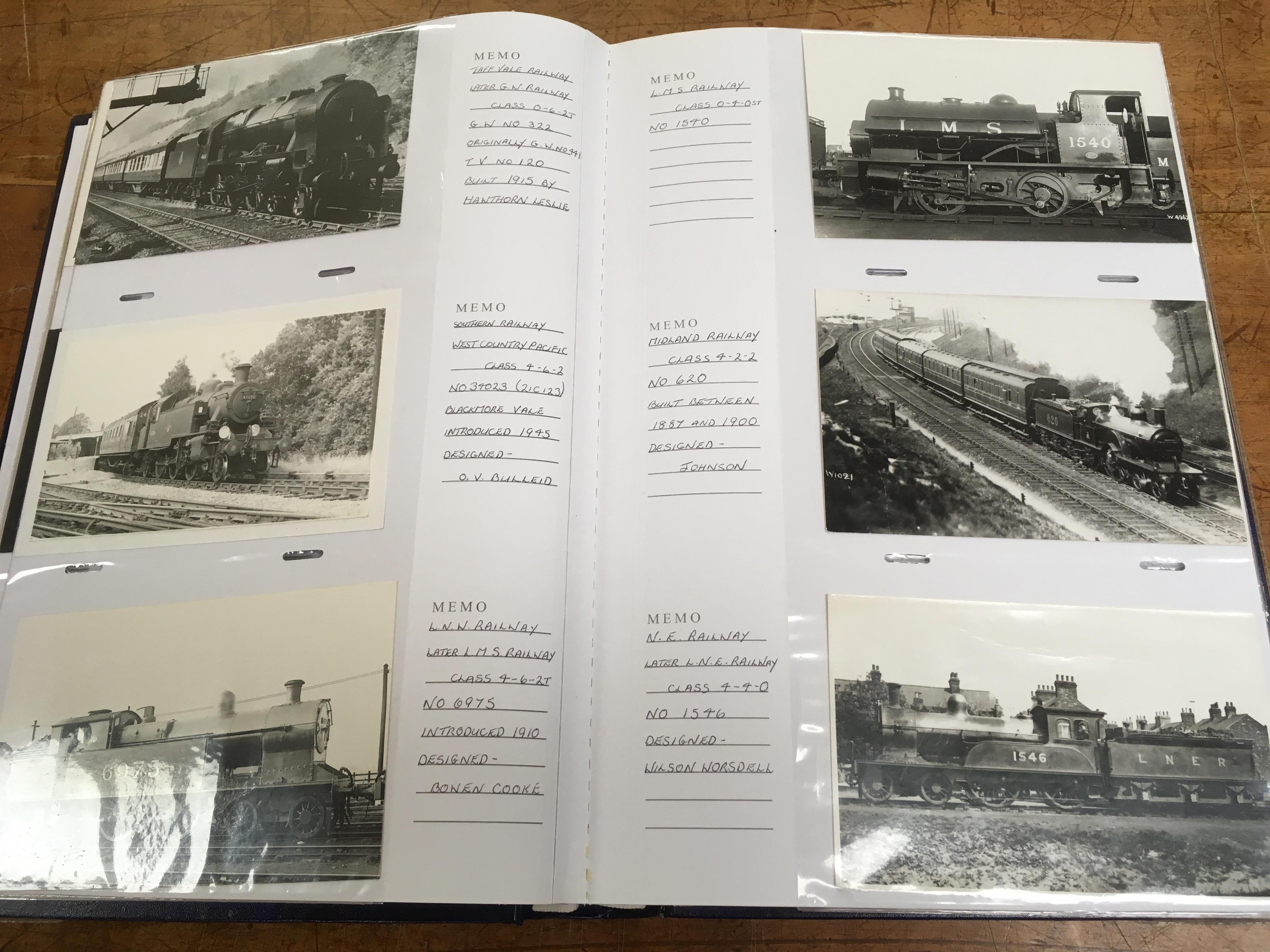 A COLLECTION OF POSTCARD SIZE PHOTOS AND SOME POSTCARDS OF RAILWAY ENGINES, ETC. IN SIX ALBUMS (APPR