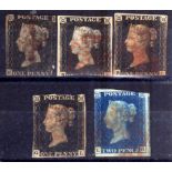 GB: 1840 1d BLACKS (4) AND 2d BLUE, ALL USED, POOR TO AVERAGE