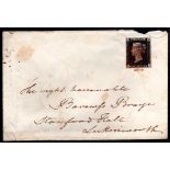 GB: 1840 (DE 14) ENVELOPE BEARING 1d BLACK PLATE AJ, FOUR SMALL TO GOOD MARGINS, TIED UPRIGHT RED MX