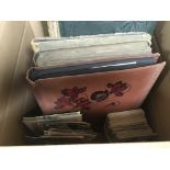 BOX WITH MAINLY OLD POSTCARDS IN FIVE OLD ALBUMS, ONE IS EMPTY, COMIC, SCOTLAND, LONDON, CHILDREN WI