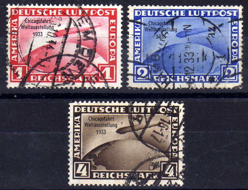 GERMANY: 1933 CHICAGO FLIGHT ZEPPELIN SET USED, 2m WITH CORNER CREASE. SG 510-512.