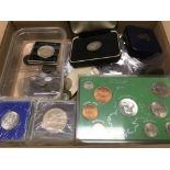 BOX OF OVERSEAS COINS, FEW SILVER, IRELAND, USA 1923 SILVER DOLLAR, VARIOUS CROWN SIZE, ETC.